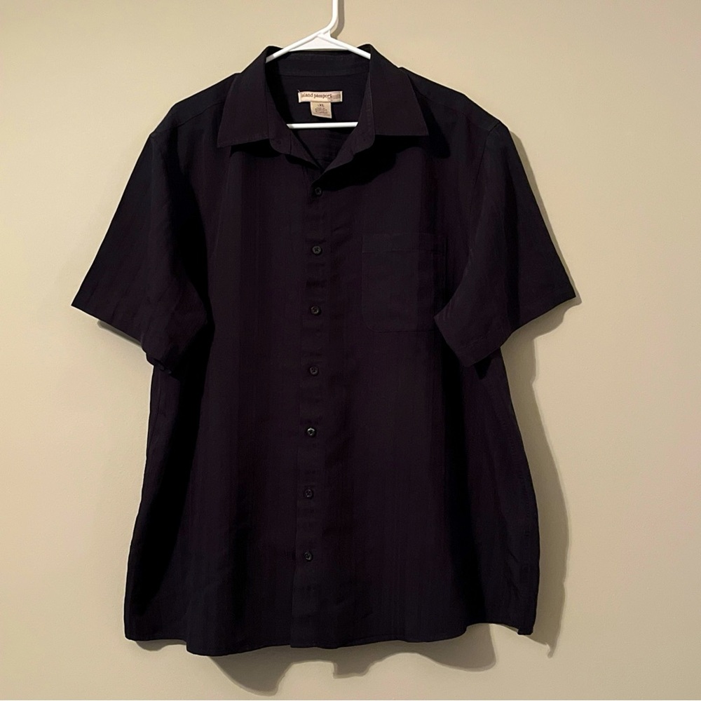 Island Passport Men's Button Up Shirt 1XL Black Short Sleeves Stripes Beach Trip